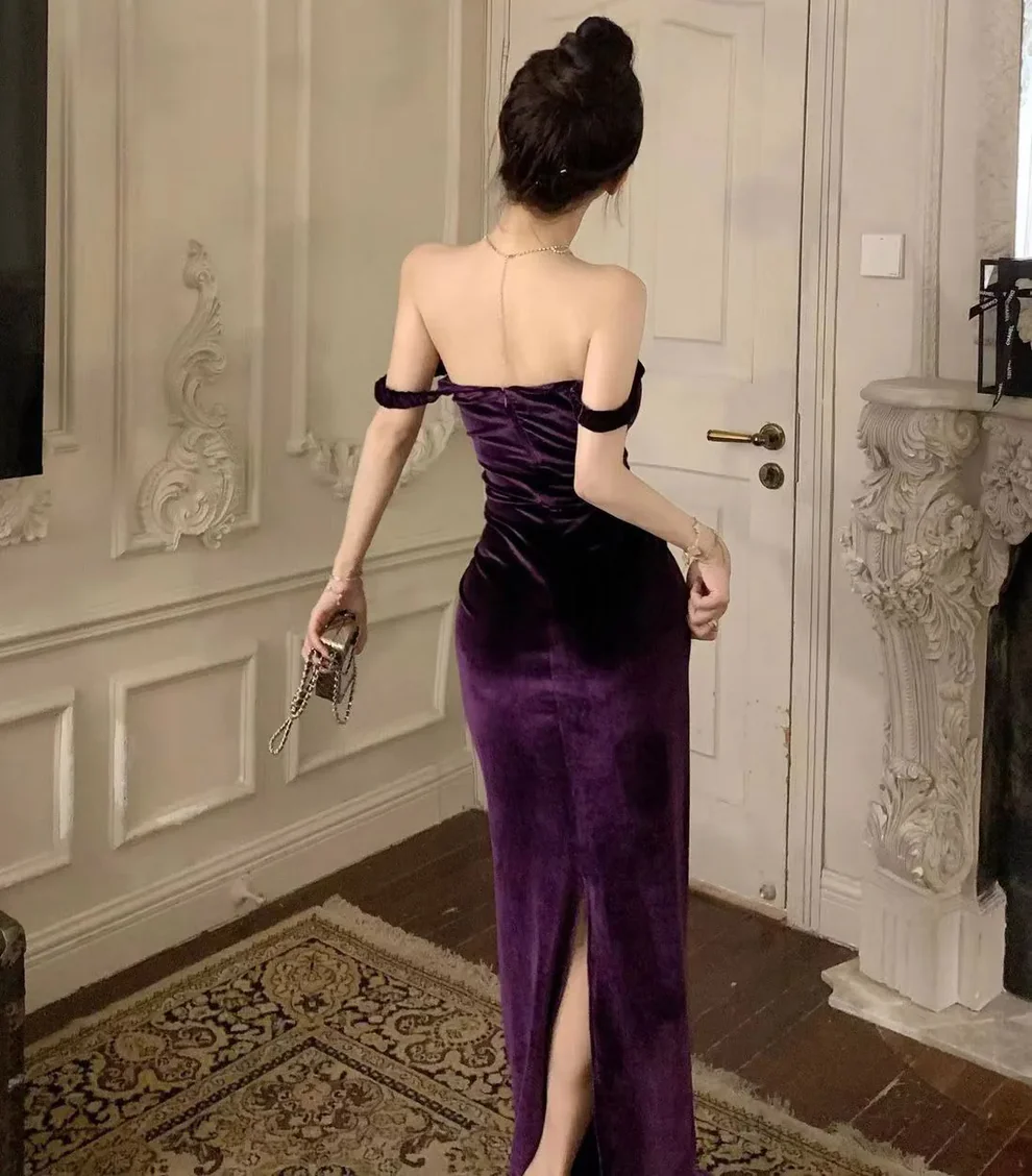 Elegant Velvet Long Sheath Prom Dress Purple Off Shoulder Slit Party Evening Gown Y8131