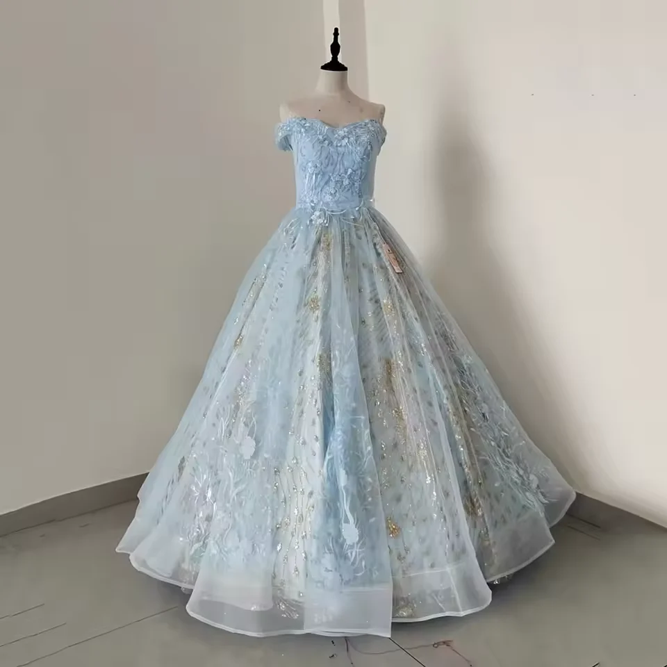 Light Blue Off The Shoulder Tulle Lace Appliques Princess Dresses Glitter Ball Gown Y8129