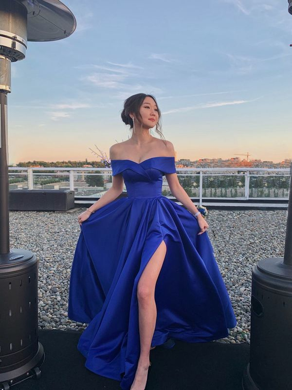 Pretty Royal Blue Prom Dress,Satin A-Line Off Shoulder Evening Dress Y7643