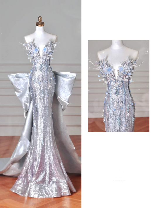 Luxury Silver Sequin 3D Beaded Mermaid Evening Dress,Long Prom Dress With Bow Y8640