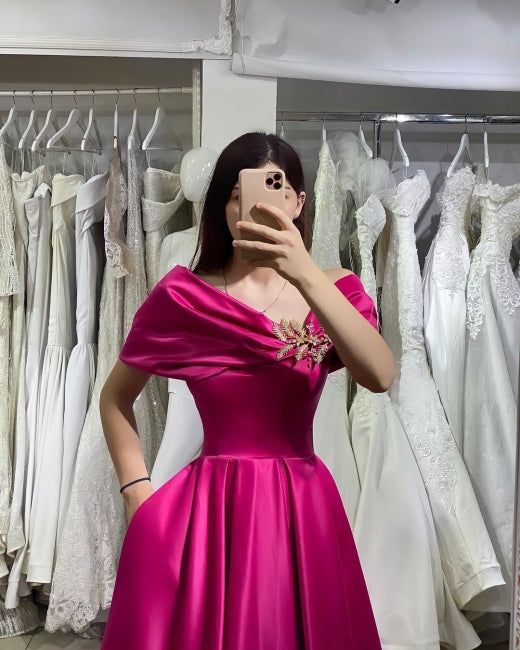 Fuchsia Off The Shoulder Satin Long Sexy Prom Dress With Pocket Y5149