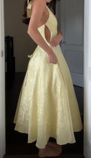 Deep V Neck Halter Yellow Satin A Line Prom Dress Long Evening Dress  Y7499