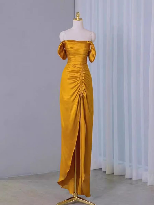 Sheath Off The Shoulder Yellow Pleated Prom Dress Slit Evening Dress Y7598