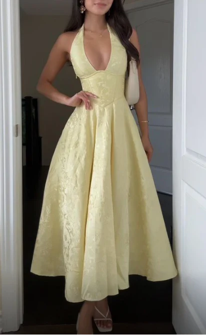 Deep V Neck Halter Yellow Satin A Line Prom Dress Long Evening Dress  Y7499