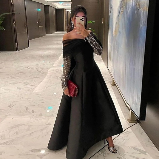 Luxury Dubai Evening Dresses for Women Wedding Party Black Long Sleeve Gala Prom Dress Y4621