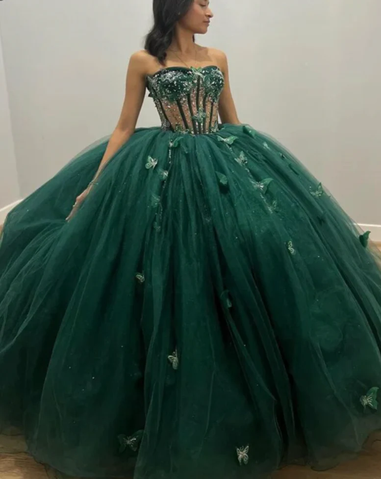 Green Tulle Ball Gown With Butterflies,Sweet 16 Dress, Green Quinceanera Dress Y2344