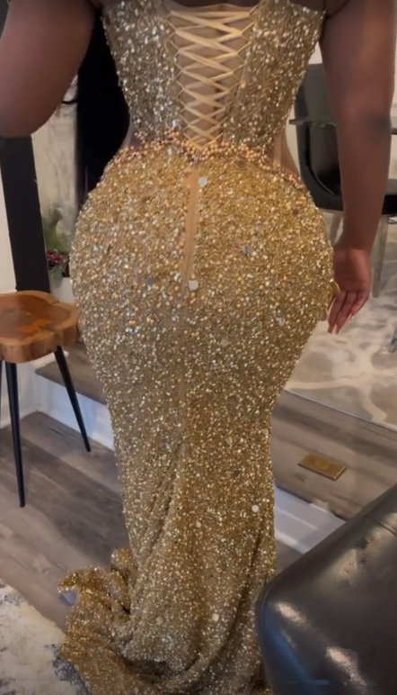 Luxurious Gold Sequins Appliques Evening Dress Mermaid Prom Dress  Y7880