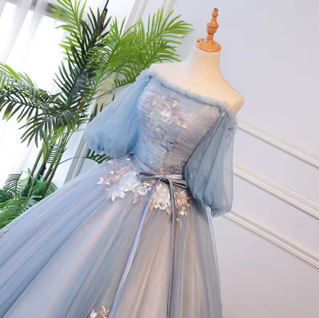 Unique blue tulle lace long prom dress, blue evening dress  S13770