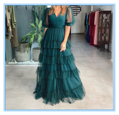 Charming V-neck Pleat Tiered Green A-line Prom Dress Simple Half Sleeves  Y4299