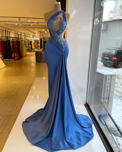 Blue Prom Dress,One Shoulder Prom Dress,Sexy Prom Dress,Sashes Prom Dress Y6603