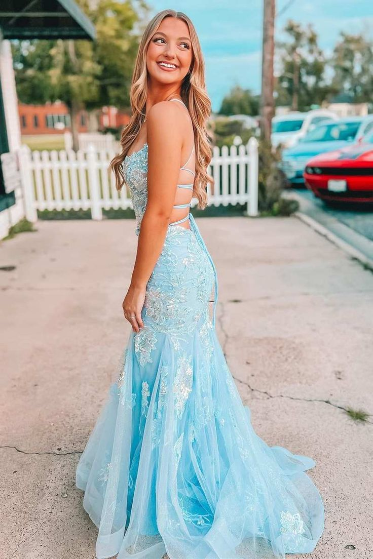 Light Blue Appliques Straps Lace-Up Mermaid Long Prom Dress  Y6179