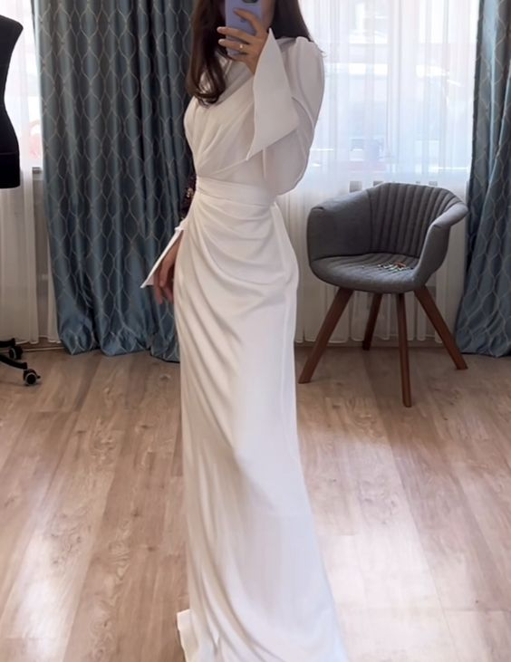 Elegant White Sheath Long Sleeves Prom Dress Y6892