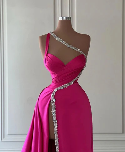 Gorgeous One Shoulder Satin Beaded Long Prom Dress Slit Evening Dress Y7692