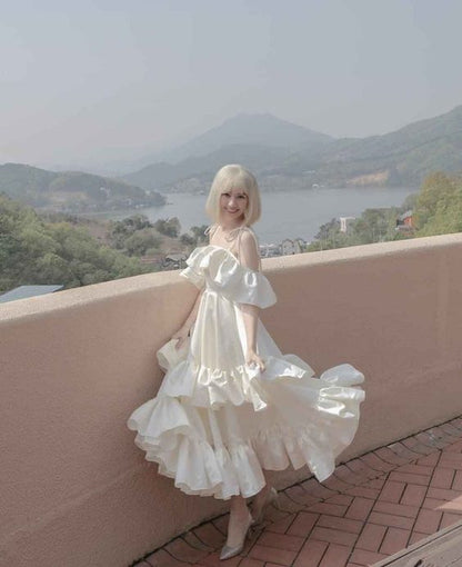 White Prom Dress With Ruffles,White Beach Dress  Y1969