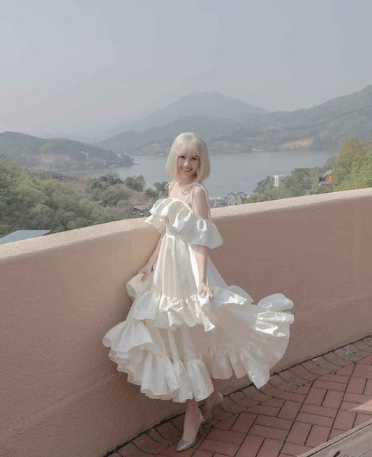 White Prom Dress With Ruffles,White Beach Dress  Y1969