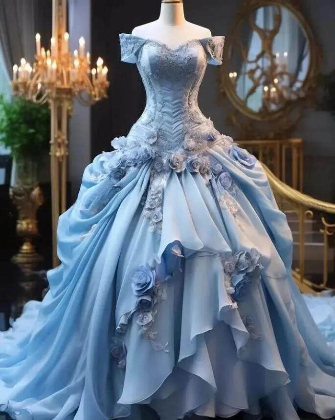 Blue Fairy 3D Floral Prom Dress Bustle Ruched Sweet 16 Ball Gown Quinceanera Dress Y7607