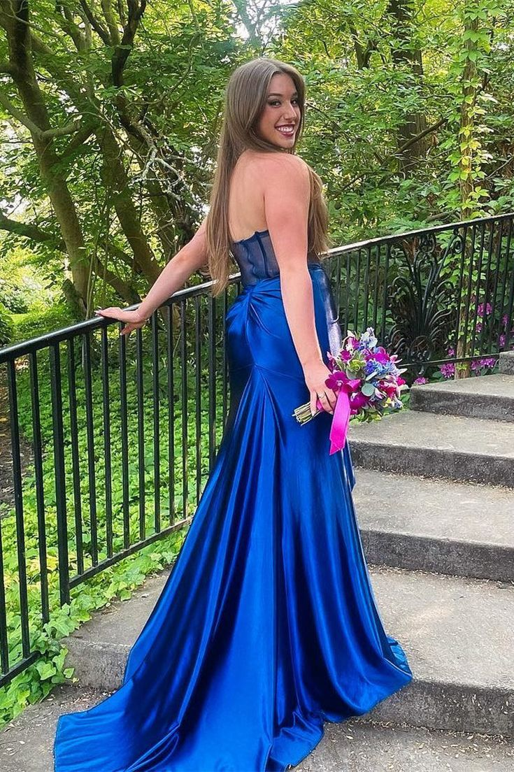 Royal Blue Strapless Scoop Mermaid Long Prom Dress Y5634