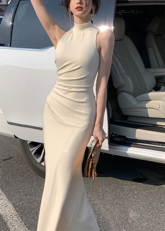 Sexy Beige High Neck Bodycon Dress,Long Prom Dress Y5568