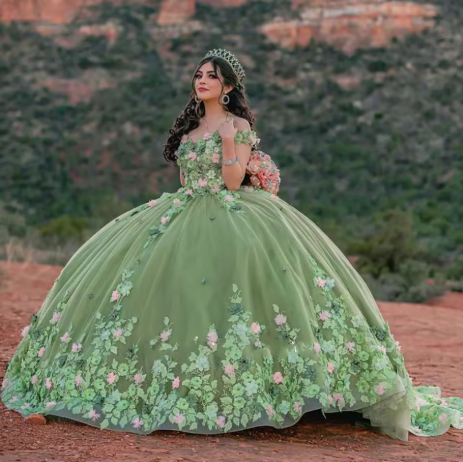 Light Sage Green Quinceanera Dresses Sweet 16 Pageant Floral Ball Gown  Y2063