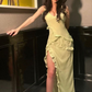 Sexy Slit Ruffled Evening Dress Yellow Long Prom Dress Y7659