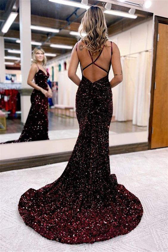 Chic Sequins Long Evening Dress V Neck Spaghetti Strap Y4401