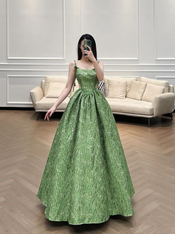 Vintage Green Evening Gown Spaghetti Straps A Line Prom Party Dress Brithday Ball Gown Y7567