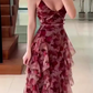 Vintage Chiffon Print Irregular Ruffles Long Prom Dress A Line Party Dress Y7539