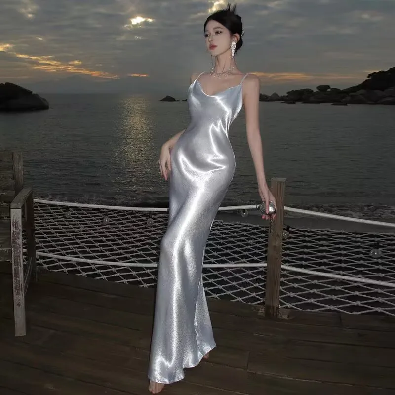 Simple White Satin Backless Long Prom Evening Dress Y7841