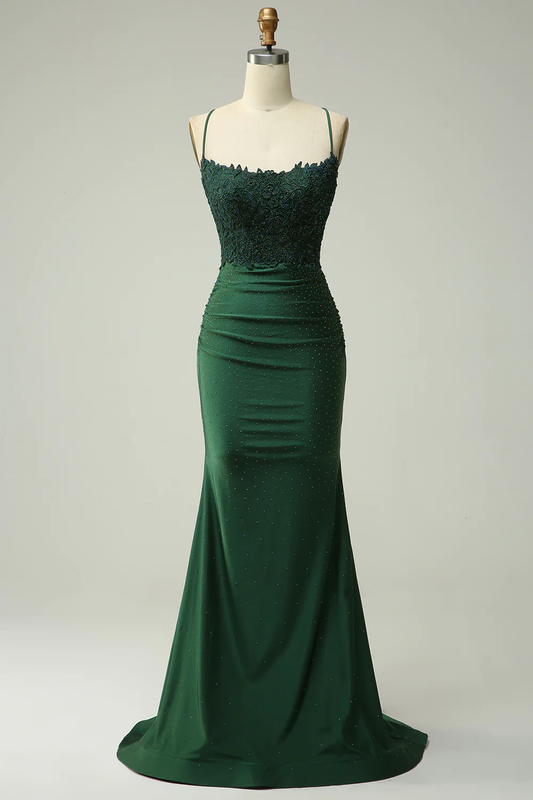 Mermaid Halter Dark Green Long Prom Dress with Appliques Beading Y2989