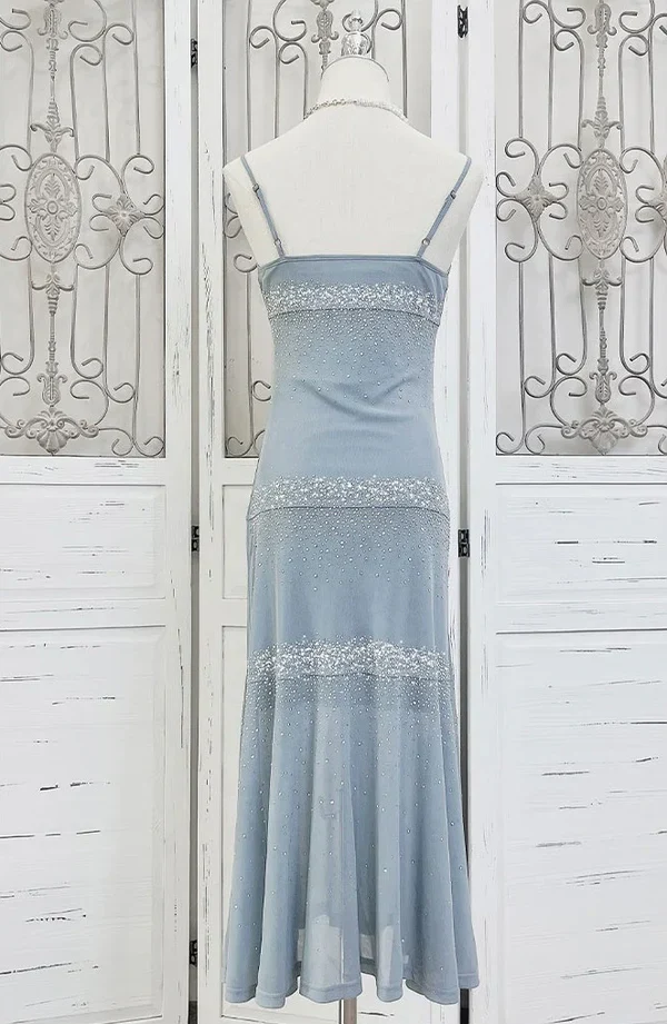 Classy Spaghetti Straps Blue Chiffon Beaded Prom Dress Evening Dress Y8248