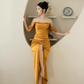 Sheath Off The Shoulder Yellow Pleated Prom Dress Slit Evening Dress Y7598