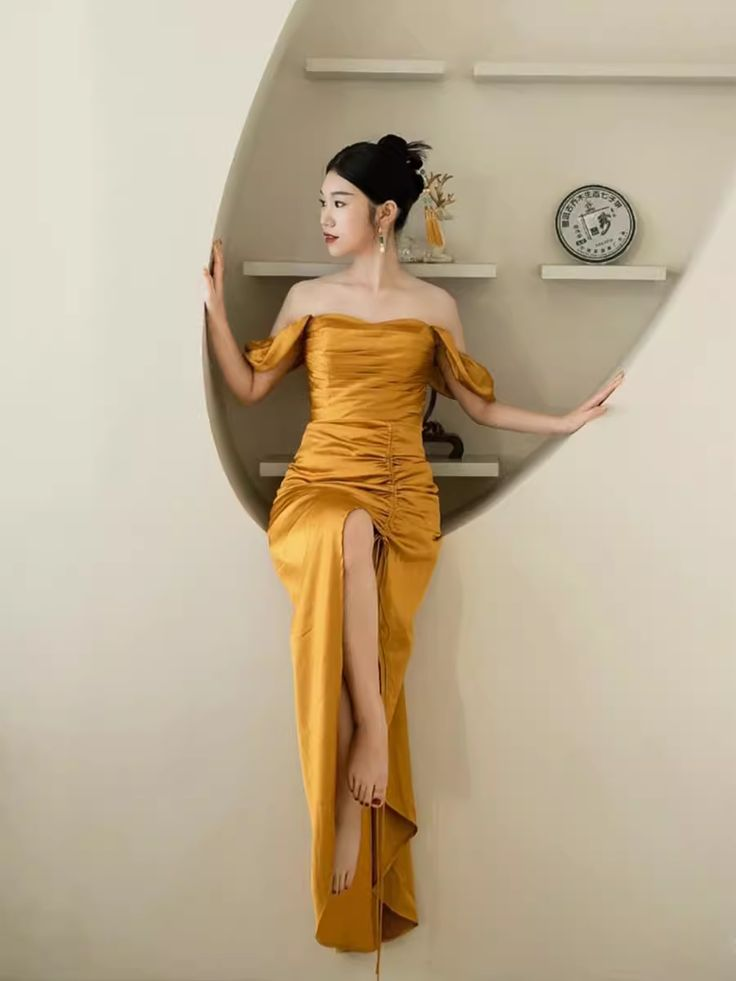 Sheath Off The Shoulder Yellow Pleated Prom Dress Slit Evening Dress Y7598