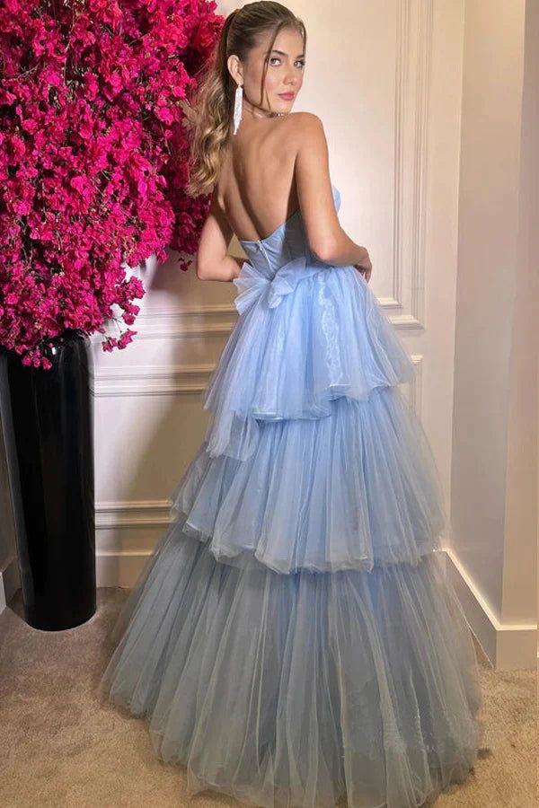 Baby Blue Sweetheart Tulle Ruffled Long Evening Prom Dresses Y4662