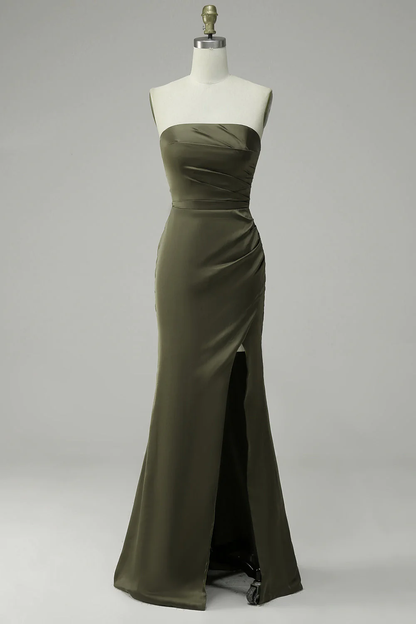 Green Strapless Satin Prom Dress With Slit  Y4204