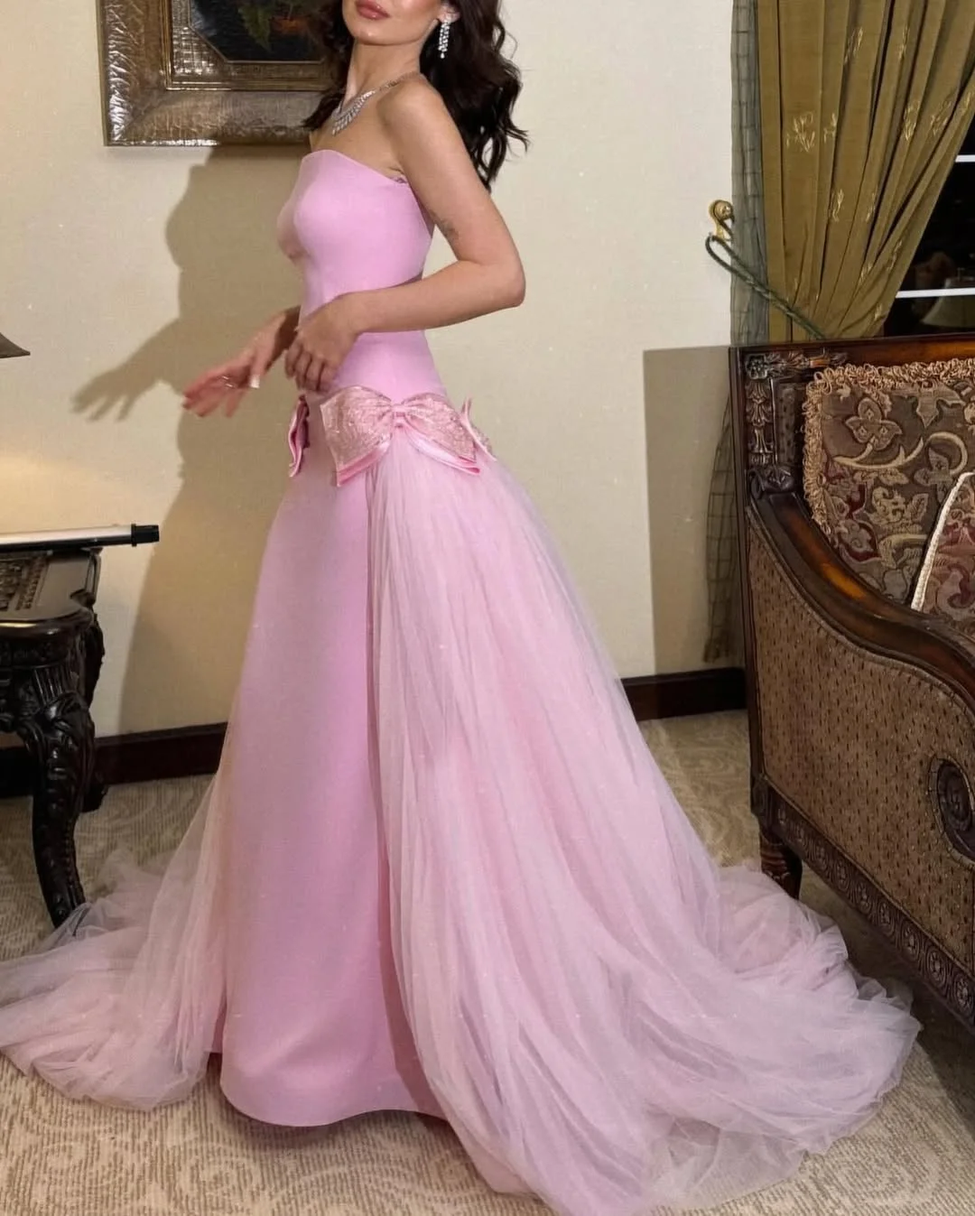 Sweet Pink Strapless Bow-Knot Long Prom Dress,Tulle Satin Evening Dress Y8053