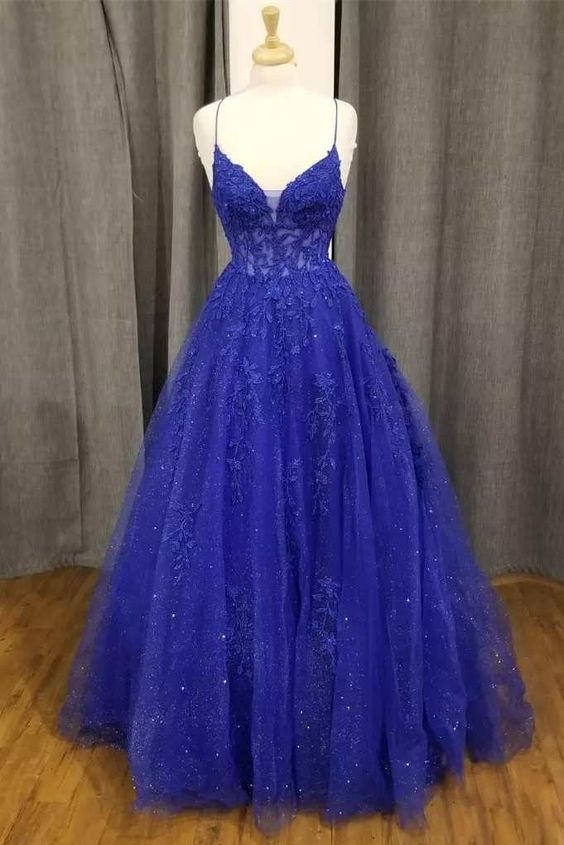 Royal Blue Floral Appliques V-Neck A-Line Prom Dress Y4234