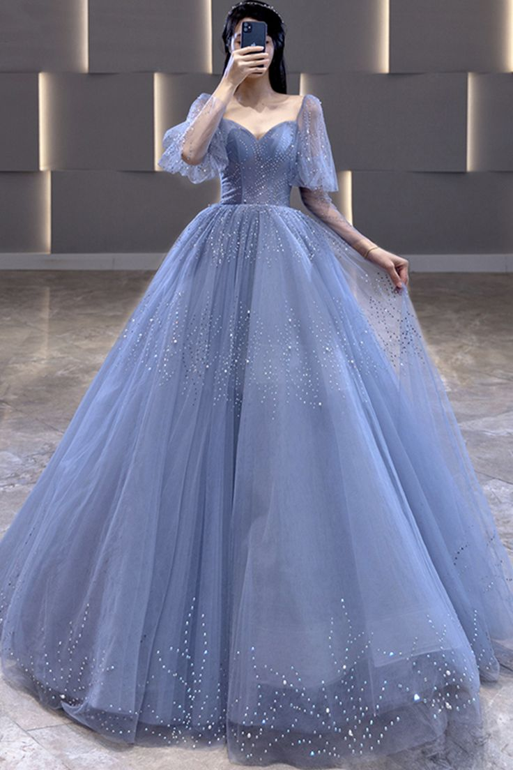 Blue Tulle Beaded Long A Line Prom Dress Formal Evening Dress Ball Gown Y7627