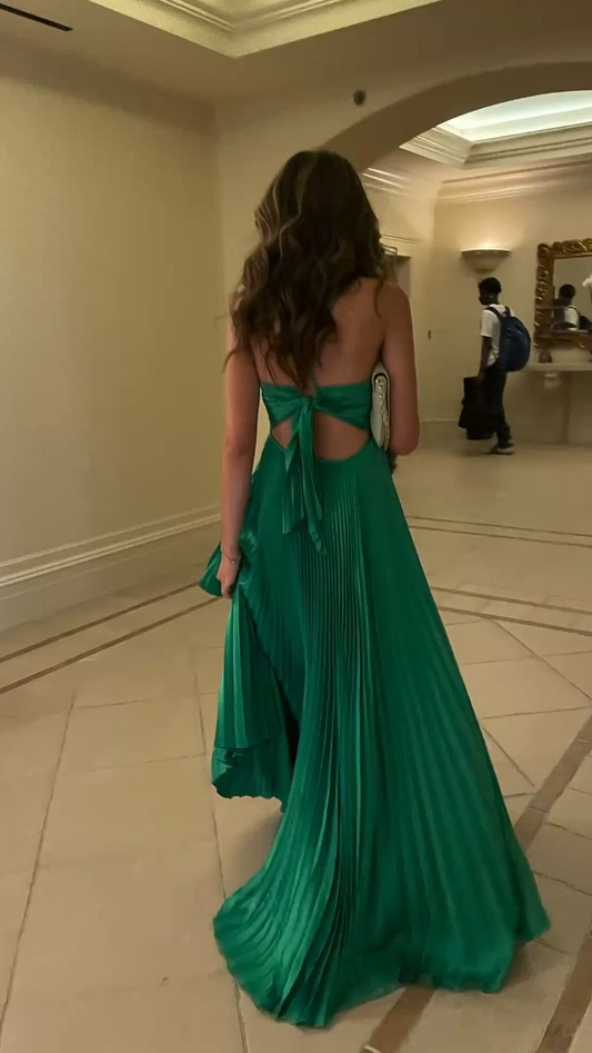 Green Long Pleated Tie Back Evening Dress Y4000