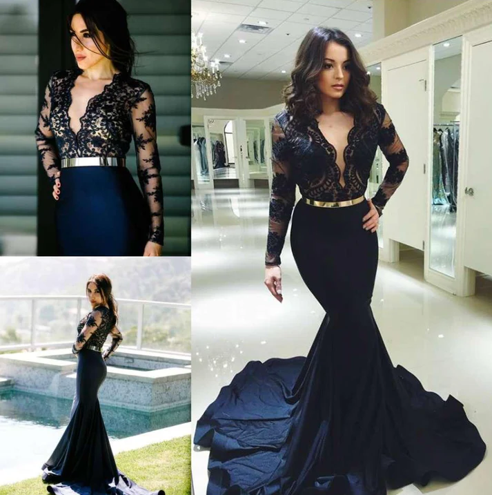 Sexy Sheer Deep V Neck Mermaid Prom Dresses Lace Applique Royal Evening Dress Sweep Train Party Gowns Prom Dresses  S5948