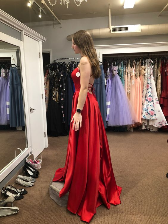 Classic Red A-line Satin Prom Dress With Pockets Y7164