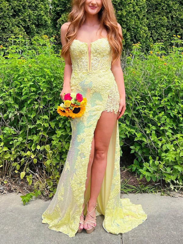 Yellow Mermaid V-neck Sequined Sweep Train Prom Dresses With Split Y6846