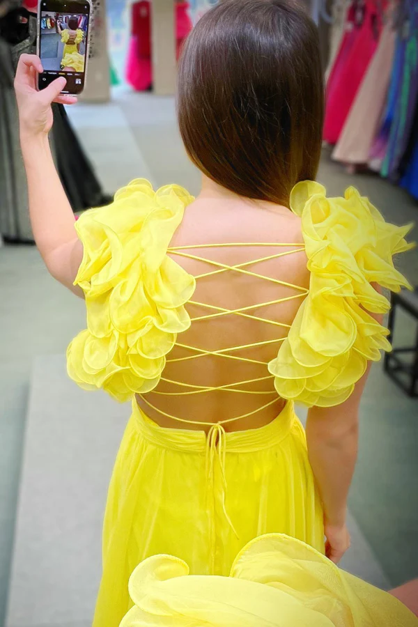 Yellow Ruffles Lace-Up Back A-Line Prom Dress Y2002