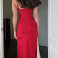 Charming Red Appliques Sheath Long Prom Dress Slit Evening Dress Party Gown Y7550