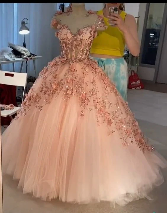 Blush Pink Flowers Applique Ball Gown,A Line Tulle Prom Dresses,Quinceanera Dresses Y388