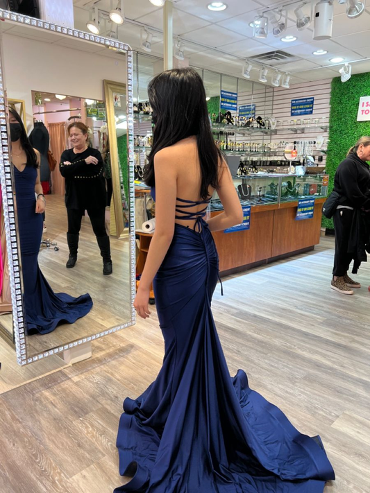 Charming Navy Mermaid Prom Dress,Backless Evening Gown Y4449