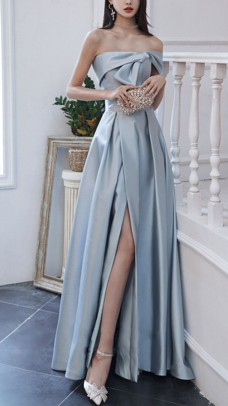 Blue A line satin long prom dress, blue bridesmaid dress Y5524