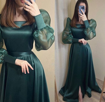 Satin Party Dress with Pouf Sleeves