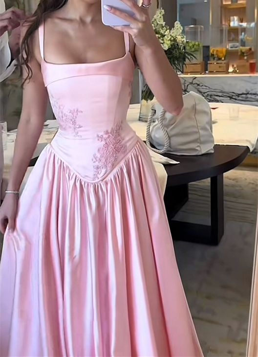 Pink Elegant A-Line Spaghetti Strap Satin Long Evening Dress Prom Dress Y7820