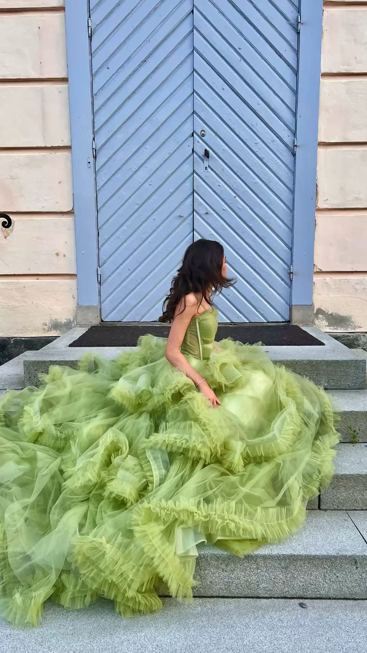 Green Tulle Long Prom Dresses, A-Line Formal Evening Dresses Y2029