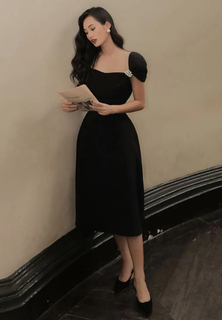 Black, pearl button-down, elegant half-sleeve prom dress, vintage dress Y1360